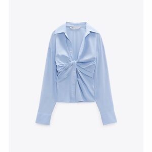 Zara Light Blue Twist Front Button Down Shirt